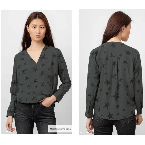 Rails Hillary Charcoal Cheetah Stars Faux Wrap Blouse Top - Picture 2 of 7